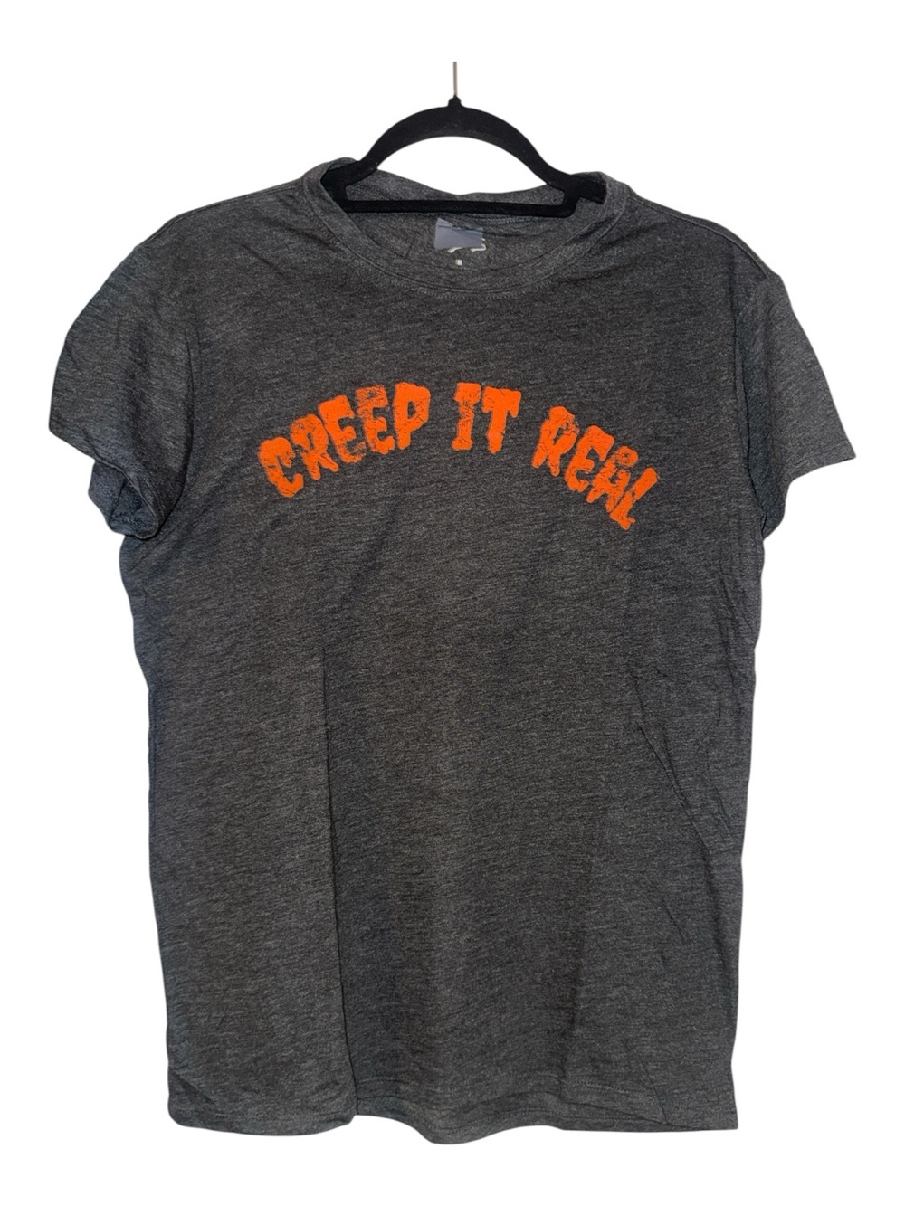 Halloween Women's Dark Gray Short Sleeve Tee with Orange 'Creep It Real' Graphic